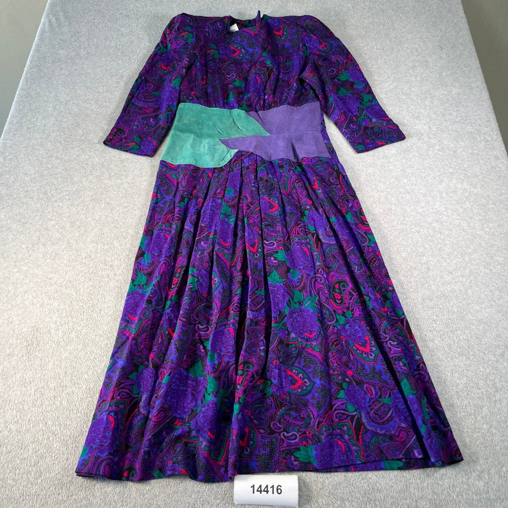 Kwai Paisley Midi Dress Women 6 Purple Excellent Vintage 80s Suede Trim USA